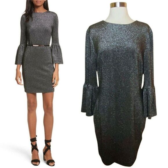 Ted Baker Women’s Size 2 Hannah Bell Sleeve Mini Dress Grey Sparkle Metallic - Picture 2 of 15